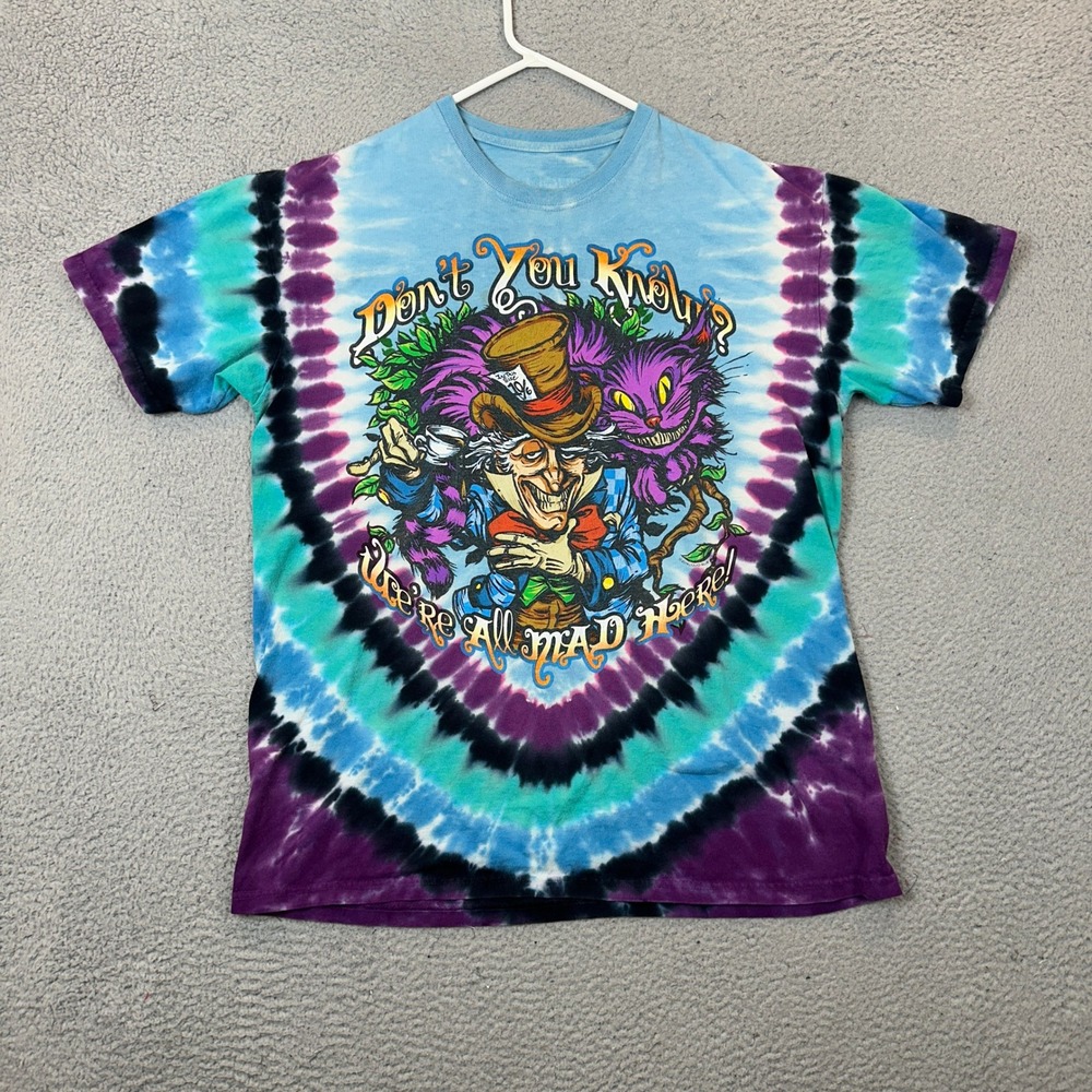 Liquid Blue T-Shirt Mens Large Alice In Wonderland Blue Tie Dye Mad Hatter Tee - Picture 2 of 9